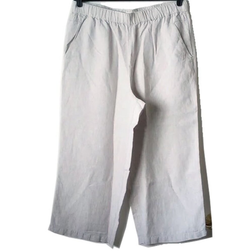 Cynthia Rowley 100% Linen Elastic Waist Crop Pants XL Light Gray Pockets